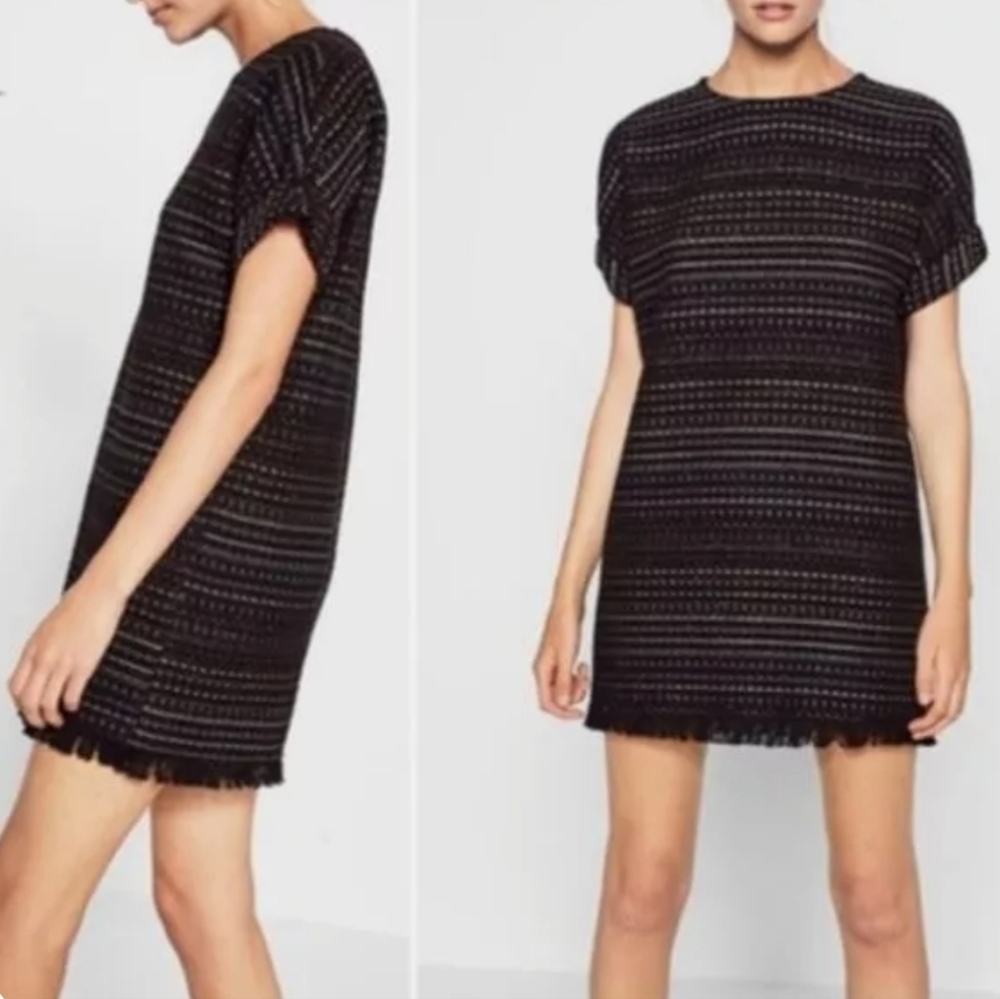 Zara Tweed Short Sleeve Fringed Hem Midi Dress- size XS